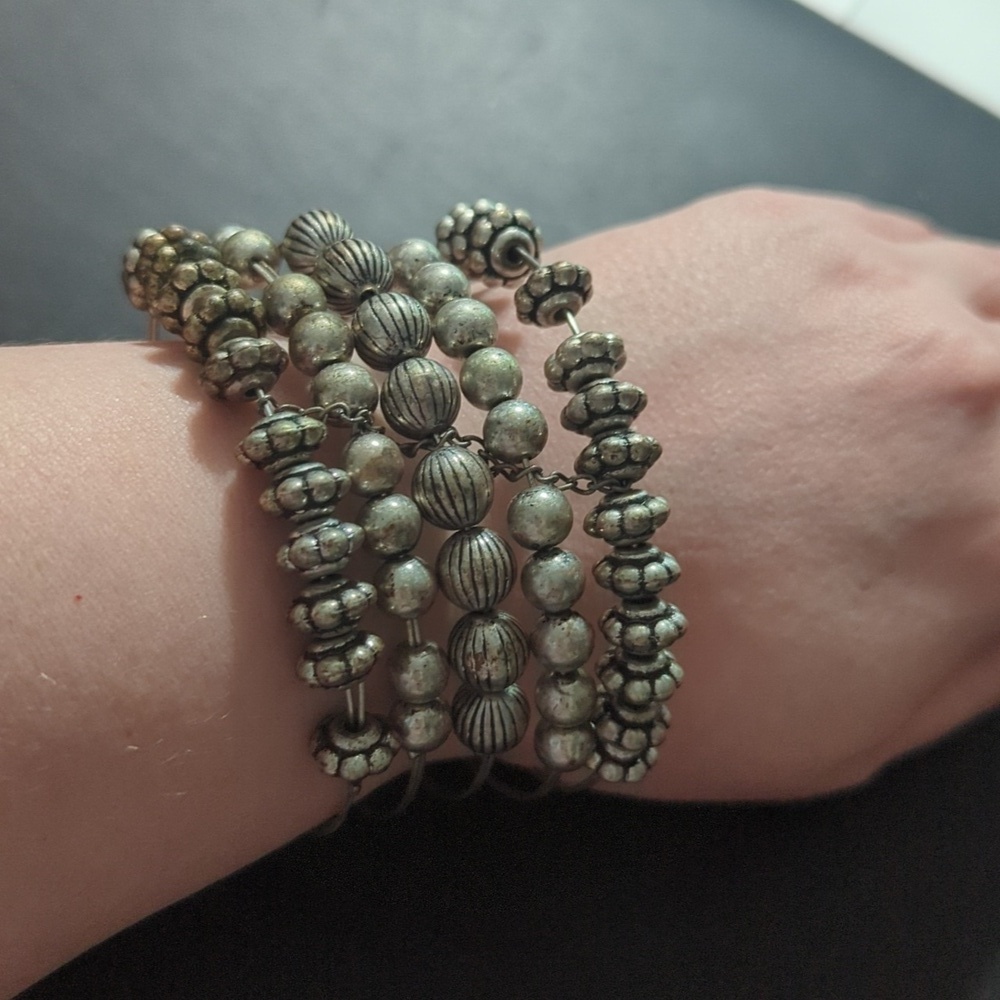 Silver Tone Beaded Chunky Flexible Open Cuff Bangle Statement Bracelet